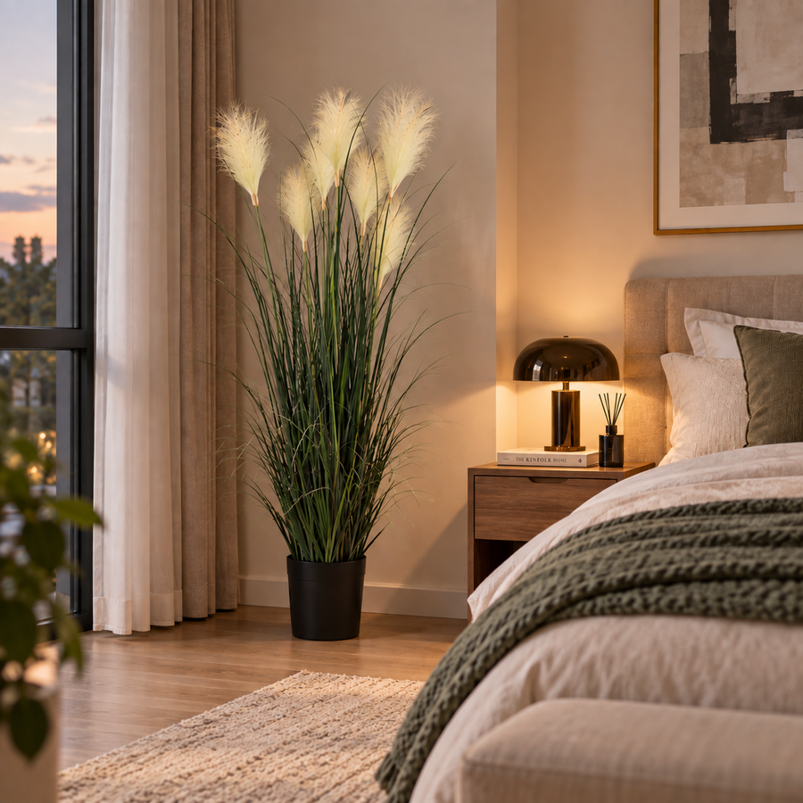 Artificial Plant Ornamental Grass, 150 cm, with 7 Wires, Reed and Grass, Green and White, No Pot