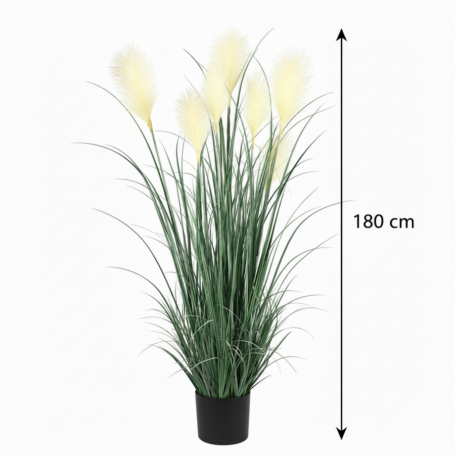Artificial Plant Ornamental Grass, 180 cm, with 7 Wires, Reed and Grass, Green and White, No Pot