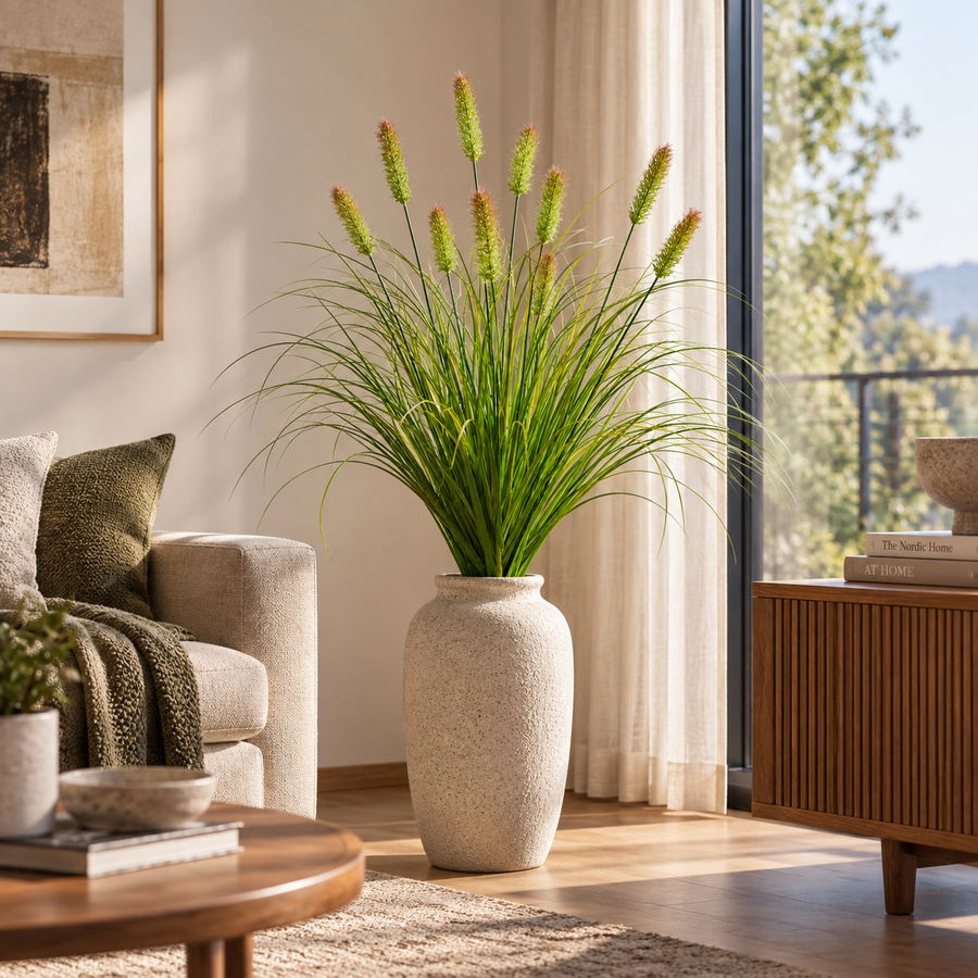 Artificial Fox Tail Type Ornamental Grass Plant, 100 cm, with 12 Spices, Green and Brown, No Pot