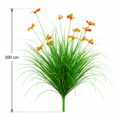 Artificial Butterfly Grass Ornamental Plant, 100 cm, with 13 Flowers, Green and Red, No Pot