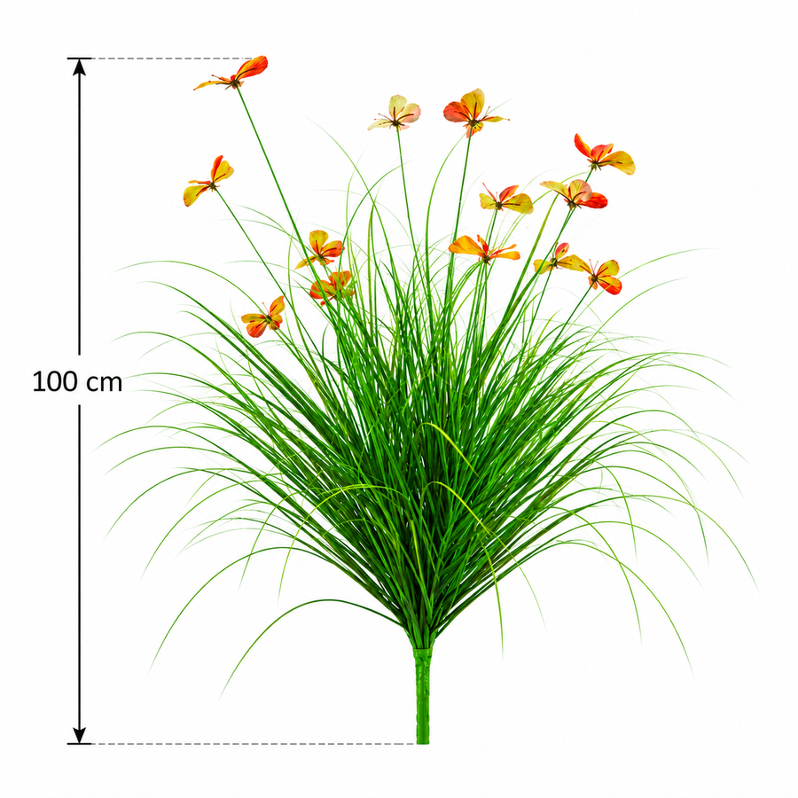 Artificial Butterfly Grass Ornamental Plant, 100 cm, with 13 Flowers, Green and Red, No Pot
