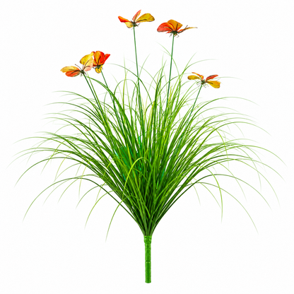 Artificial Butterfly Grass Ornamental Plant, 60 cm, with 5 Flowers, Green and Red, No Pot