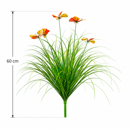 Artificial Butterfly Grass Ornamental Plant, 60 cm, with 5 Flowers, Green and Red, No Pot