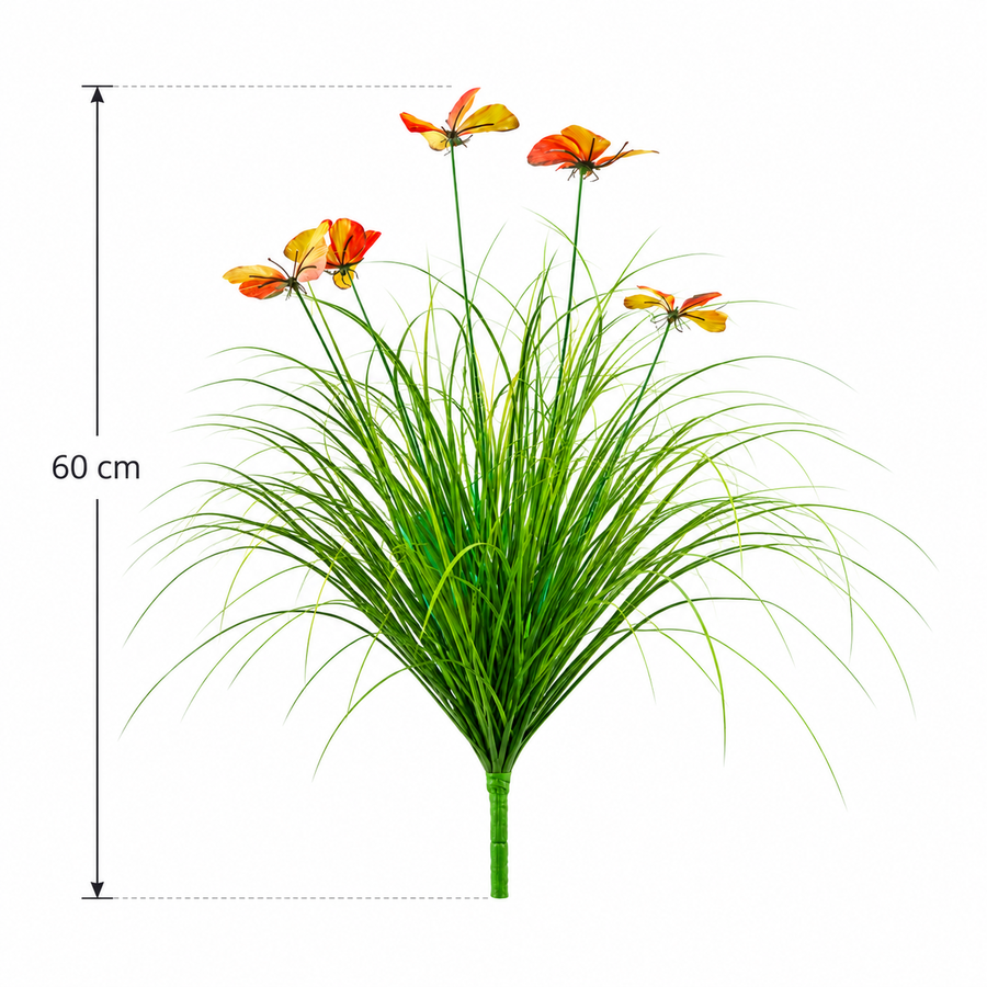 Artificial Butterfly Grass Ornamental Plant, 60 cm, with 5 Flowers, Green and Red, No Pot