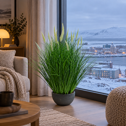 Artificial Plant, Foxtail Potted Ornamental Grass, 61 cm, with 19 Spices, Green and White