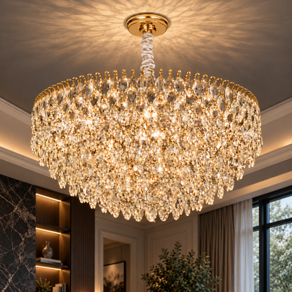 ERDENET Nobile Crystal Chandelier, 5xE14, Diameter 40 cm, Metal and Crystal, Shiny Gold, Adjustable Height
