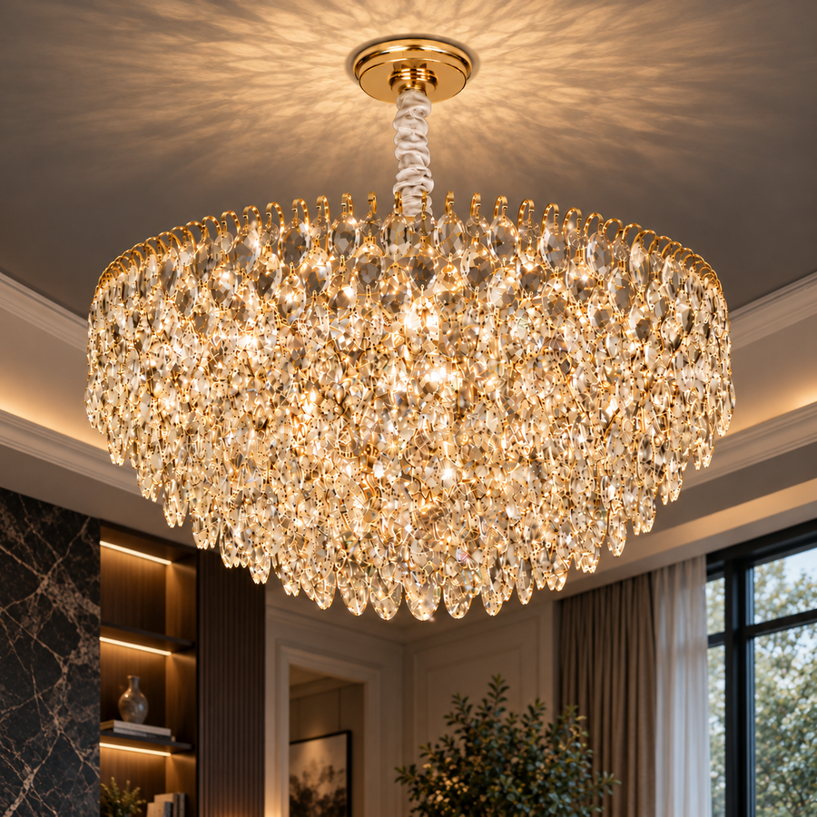 ERDENET Nobile Crystal Chandelier, 5xE14, Diameter 40 cm, Metal and Crystal, Shiny Gold, Adjustable Height