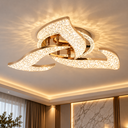 HALESA Elegance LED chandelier with remote control and crystal, 44W, 3 sources, Cold/Warm/Neutral light, Dimmable, Gold