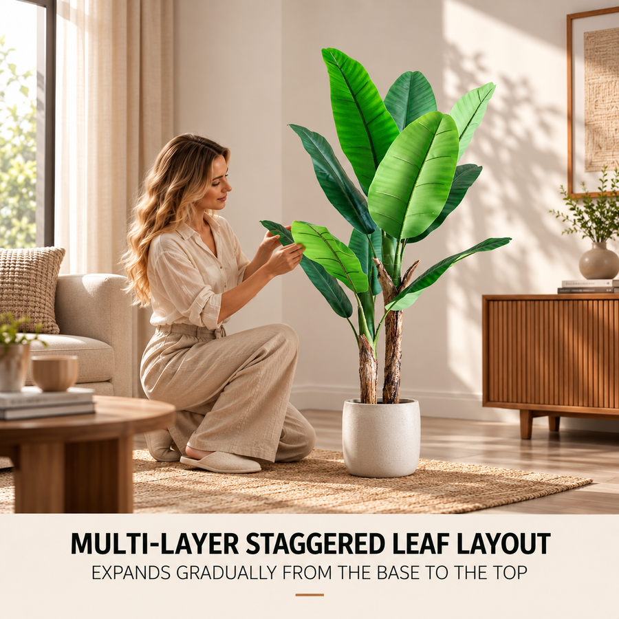 Artificial Banana Tree Plant, 160 cm, 2 stems, 10 leaves, Green, with Pot