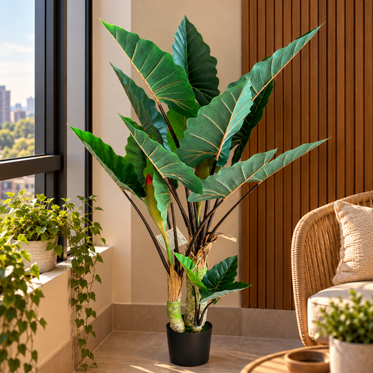 Artificial Alocasia Plant With Broad Leaves, 3 trunks, 160 cm, Green