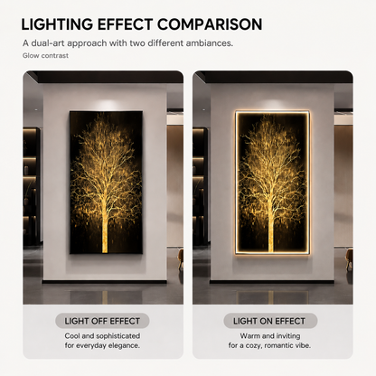 Tablou Sticla cu iluminare LED Arbore Auriu, 60 x 120 cm, 24W, Lumina Neutra, Aliaj de Aluminiu si MDF