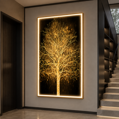 Tablou Sticla cu iluminare LED Arbore Auriu, 60 x 120 cm, 24W, Lumina Neutra, Aliaj de Aluminiu si MDF