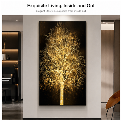 Tablou Sticla cu iluminare LED Arbore Auriu, 60 x 120 cm, 24W, Lumina Neutra, Aliaj de Aluminiu si MDF