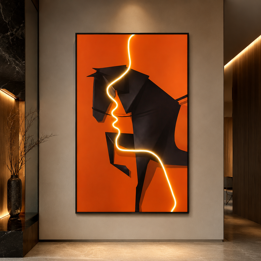 Tablou Sticla cu iluminare LED Calul de Foc, 60 x 80 cm, 24W, Lumina Neutra, Aliaj de Aluminiu si MDF