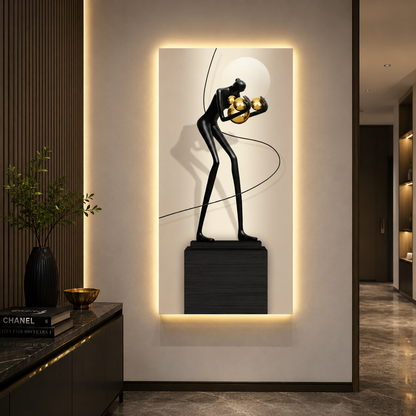 Tablou Sticla cu iluminare LED Dansul Sferelor, 60 x 120 cm, 24W, Lumina Neutra, Aliaj de Aluminiu si MDF