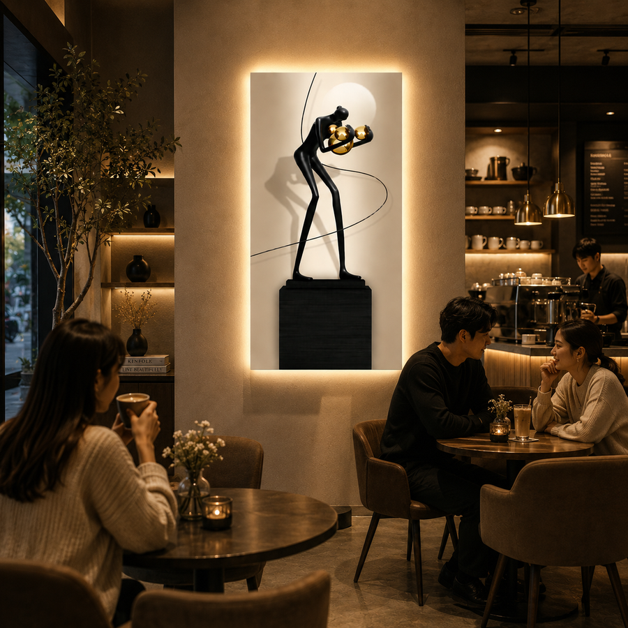 Tablou Sticla cu iluminare LED Dansul Sferelor, 60 x 120 cm, 24W, Lumina Neutra, Aliaj de Aluminiu si MDF