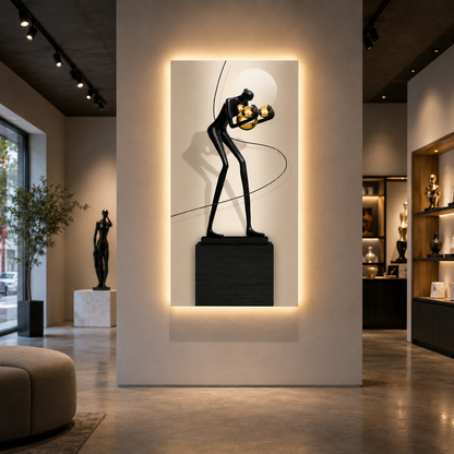 Tablou Sticla cu iluminare LED Dansul Sferelor, 60 x 120 cm, 24W, Lumina Neutra, Aliaj de Aluminiu si MDF