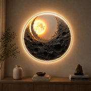 Tablou Sticla cu iluminare LED Eclipsa de Aur, Diametru 80 cm, 24W, Lumina Neutra, Aliaj de Aluminiu si MDF