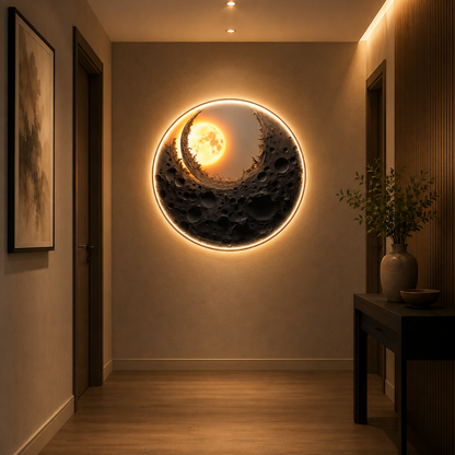 Tablou Sticla cu iluminare LED Eclipsa de Aur, Diametru 80 cm, 24W, Lumina Neutra, Aliaj de Aluminiu si MDF