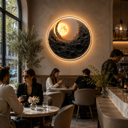 Tablou Sticla cu iluminare LED Eclipsa de Aur, Diametru 80 cm, 24W, Lumina Neutra, Aliaj de Aluminiu si MDF