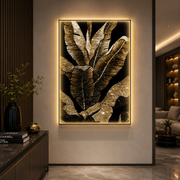 Tablou Sticla cu iluminare LED Frunze de Bananier, 80 x 160 cm, 24W, Lumina Neutra, Aliaj de Aluminiu si MDF