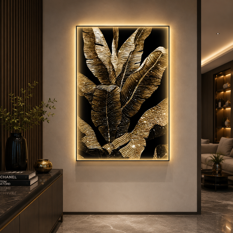 Tablou Sticla cu iluminare LED Frunze de Bananier, 80 x 160 cm, 24W, Lumina Neutra, Aliaj de Aluminiu si MDF