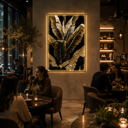 Tablou Sticla cu iluminare LED Frunze de Bananier, 80 x 160 cm, 24W, Lumina Neutra, Aliaj de Aluminiu si MDF