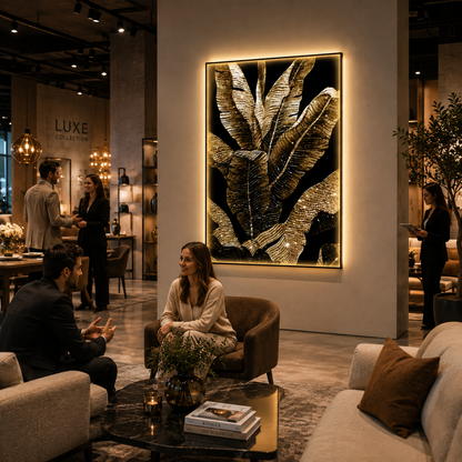 Tablou Sticla cu iluminare LED Frunze de Bananier, 80 x 160 cm, 24W, Lumina Neutra, Aliaj de Aluminiu si MDF