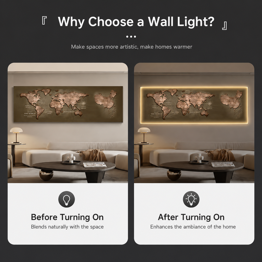 Tablou Sticla cu iluminare LED Harta a Lumii, 60 x 120 cm, Aliaj de Aluminiu si MDF