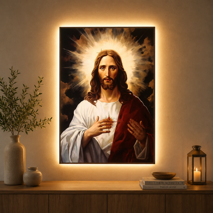 Tablou Sticla cu iluminare LED Inima Sacra a lui Iisus, 60 x 80 cm, 24W, Lumina Neutra, Aliaj de Aluminiu si MDF