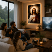 Tablou Sticla cu iluminare LED Inima Sacra a lui Iisus, 60 x 80 cm, 24W, Lumina Neutra, Aliaj de Aluminiu si MDF