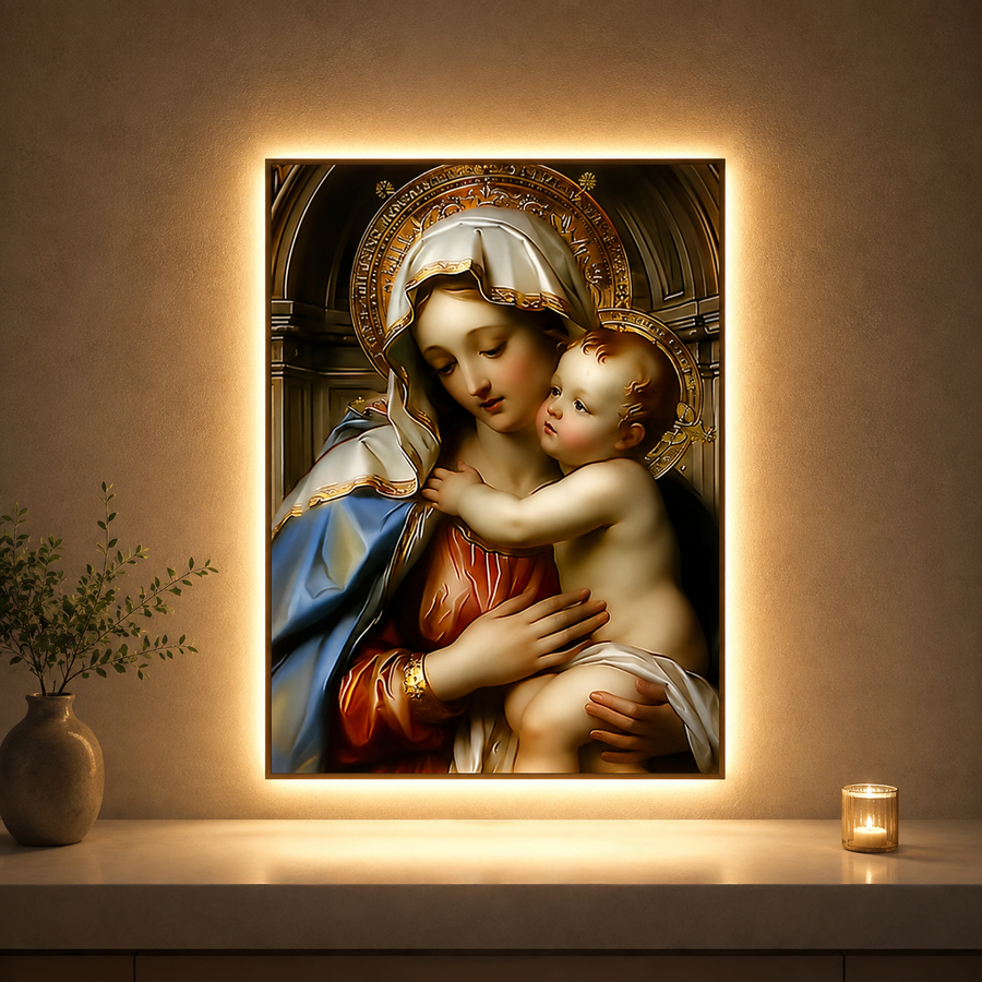 Tablou Sticla cu iluminare LED Ocrotire Materna, 60 x 80 cm, 24W, Lumina Neutra, Aliaj de Aluminiu si MDF