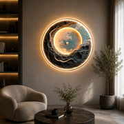 Tablou Sticla cu iluminare LED Planeta Albastra, Diametru 80 cm, 24W, Lumina Neutra, Aliaj de Aluminiu si MDF
