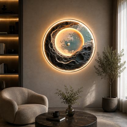 Tablou Sticla cu iluminare LED Planeta Albastra, Diametru 80 cm, 24W, Lumina Neutra, Aliaj de Aluminiu si MDF