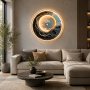 Tablou Sticla cu iluminare LED Planeta Albastra, Diametru 80 cm, 24W, Lumina Neutra, Aliaj de Aluminiu si MDF