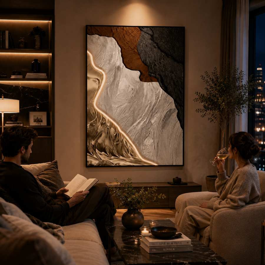 Tablou Sticla cu iluminare LED Raul de Aur, 80 x 120 cm, 24W, Lumina Neutra, Aliaj de Aluminiu si MDF