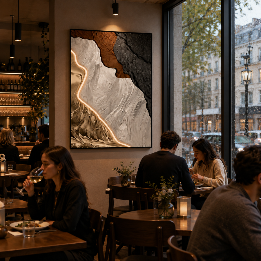 Tablou Sticla cu iluminare LED Raul de Aur, 80 x 120 cm, 24W, Lumina Neutra, Aliaj de Aluminiu si MDF