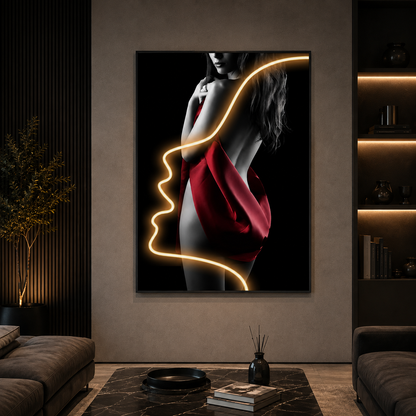 Tablou Sticla cu iluminare LED Silueta in Rosu, 60 x 80 cm, 24W, Lumina Neutra, Aliaj de Aluminiu si MDF