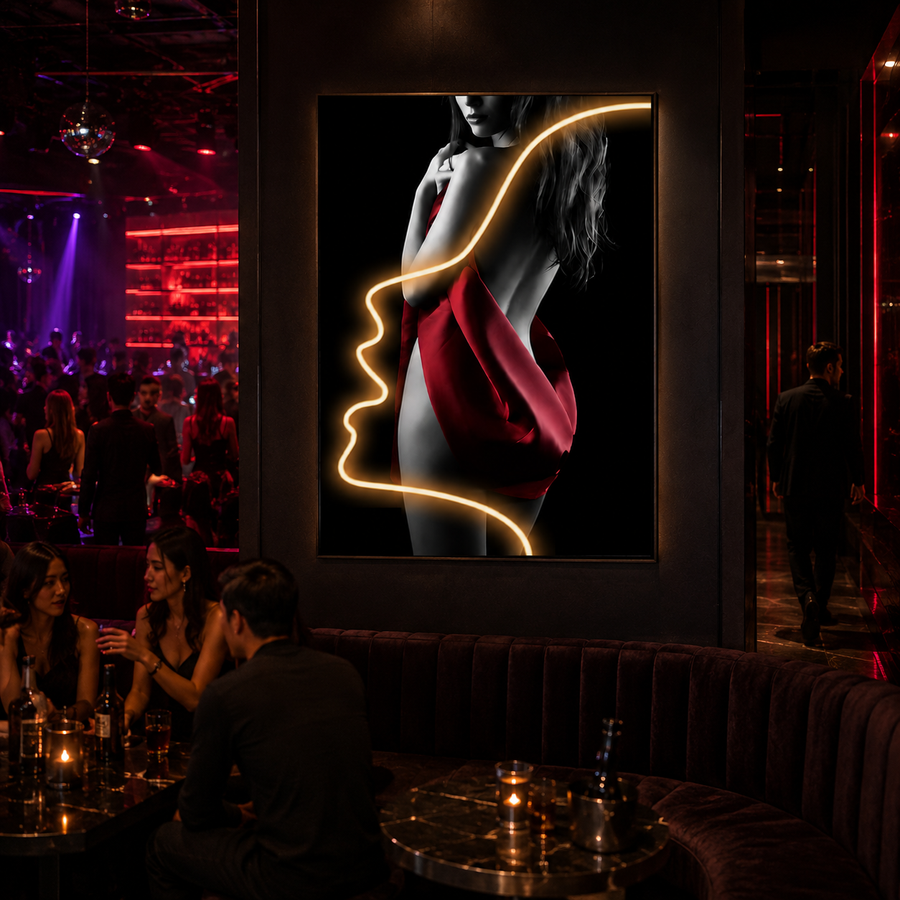 Tablou Sticla cu iluminare LED Silueta in Rosu, 60 x 80 cm, 24W, Lumina Neutra, Aliaj de Aluminiu si MDF