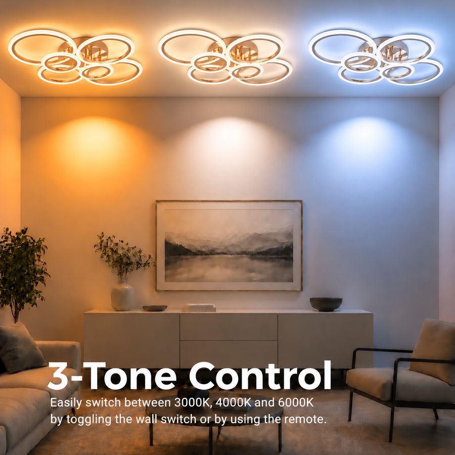 LED chandelier with remote control BETTY 81W, 6 Circles, Cold/Warm/Neutral light, Dimmable, Shiny Gold