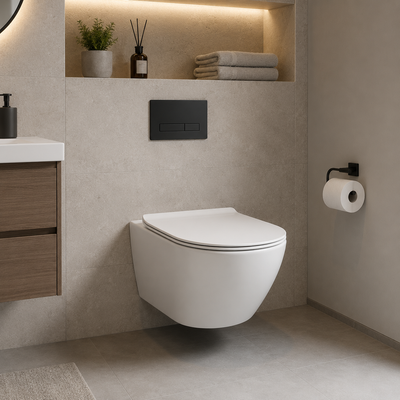 NUNAVUT Frameless Suspended Toilet, Horizontal Drain (P-Trap) 18 cm, 49x36x31cm, White