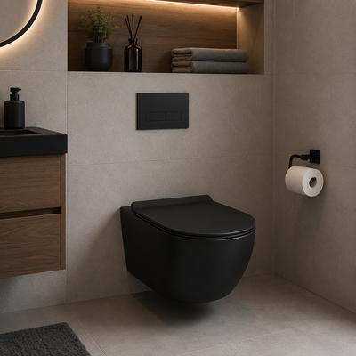 NUNAVUT Frameless Wall Mounted Toilet, Horizontal Drain (P-Trap) 18 cm, 49x36x31cm, Black