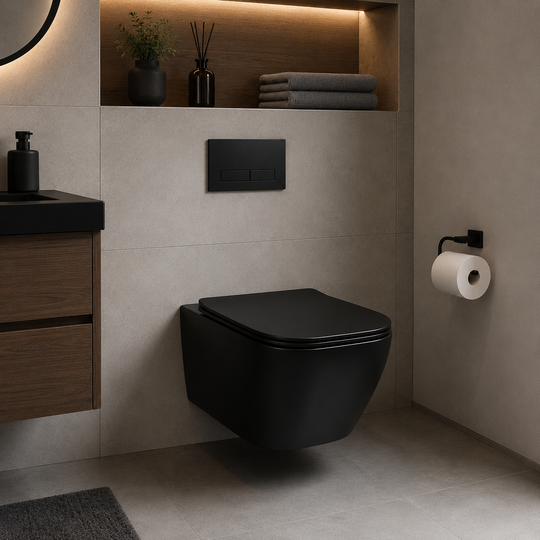 NUNAVUT Frameless Hanging Toilet, Horizontal Drain (P-Trap) 18 cm, 51.5x36.5x36cm, Black