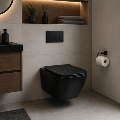 NUNAVUT Frameless Hanging Toilet, Horizontal Drain (P-Trap) 18 cm, 51.5x36.5x36cm, Black