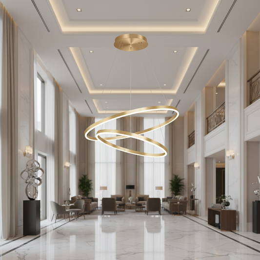 Suspended LED chandelier with remote control CHRISTINE, 41W, 2 Circles, Cold/Warm/Neutral light, Dimmable, Shiny Gold, Adjustable Height