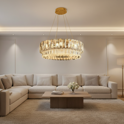 Candelabru Cristal ELYSIAN Eleganza 7xE14, D50 cm, Auriu, Inaltime Reglabila, Metal si Cristal