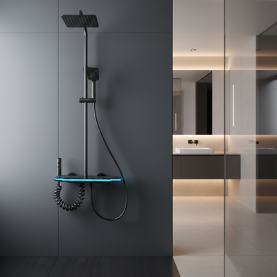 MARX II Shower Column, Metal, Square Para, Rain Effect, 3 Functions, Wall Mounted, Black, Accessories Included