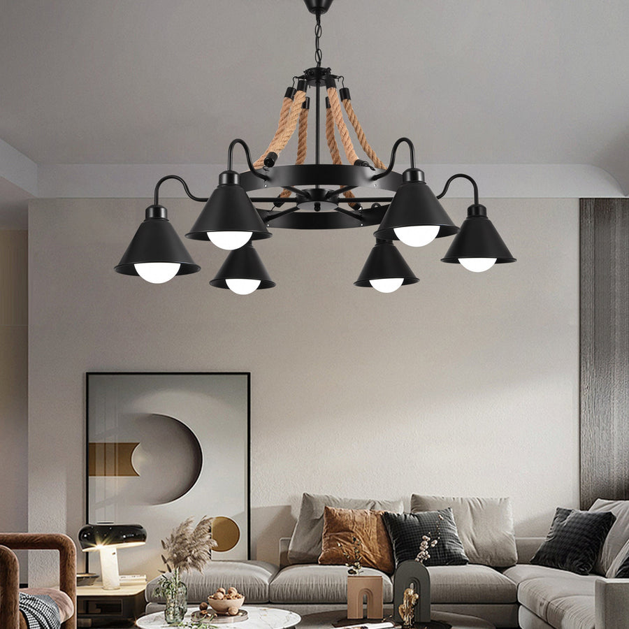 Vintage Rope Chandelier PEDRO, 4 x E27 Dark Wood