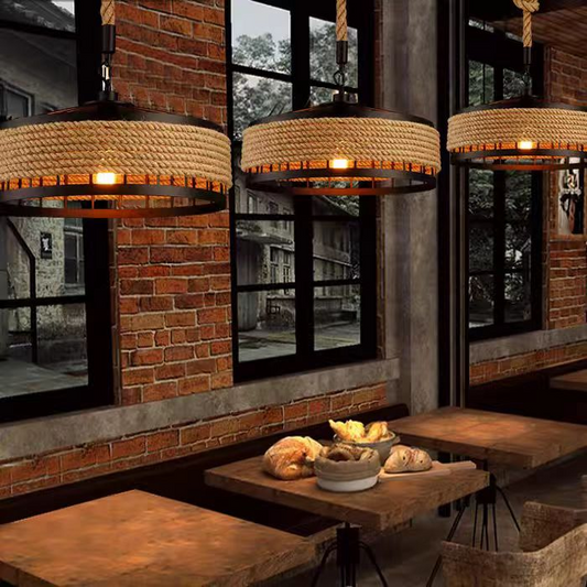 Vintage Chandelier LV300/400BK, 1xE27, Rustic Barn, String and Metal, 150cm, Black