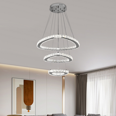 Suspended LED chandelier with remote control and crystal PRISM LUMORA 63W, 3 Circles, Cold/Warm/Neutral light, Dimmable, Shiny Chrome, Adjustable Height
